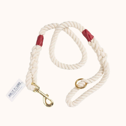 Handmade natural cotton dog leash with burgundy whipping and sturdy braided rope.