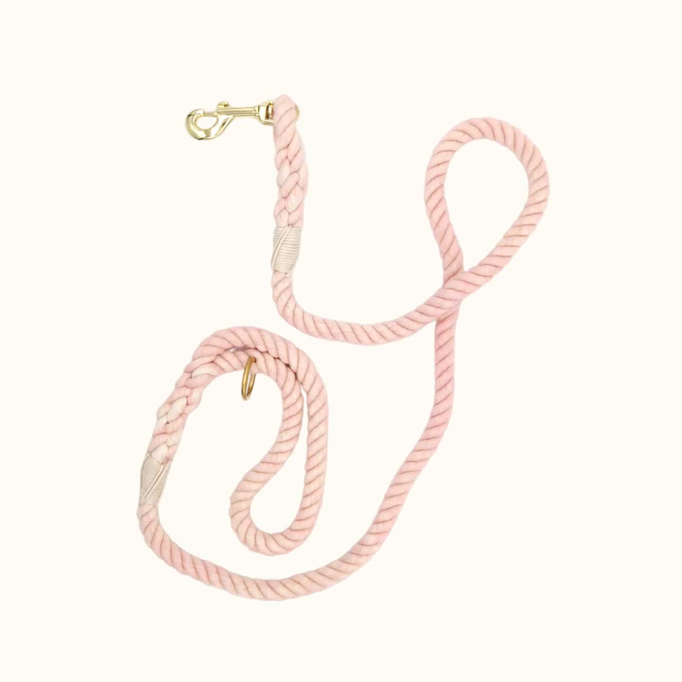 Soft blush pink rope dog leash by Knot Yours, featuring neutral wrap accents and gold-tone clasp for a minimalist look.