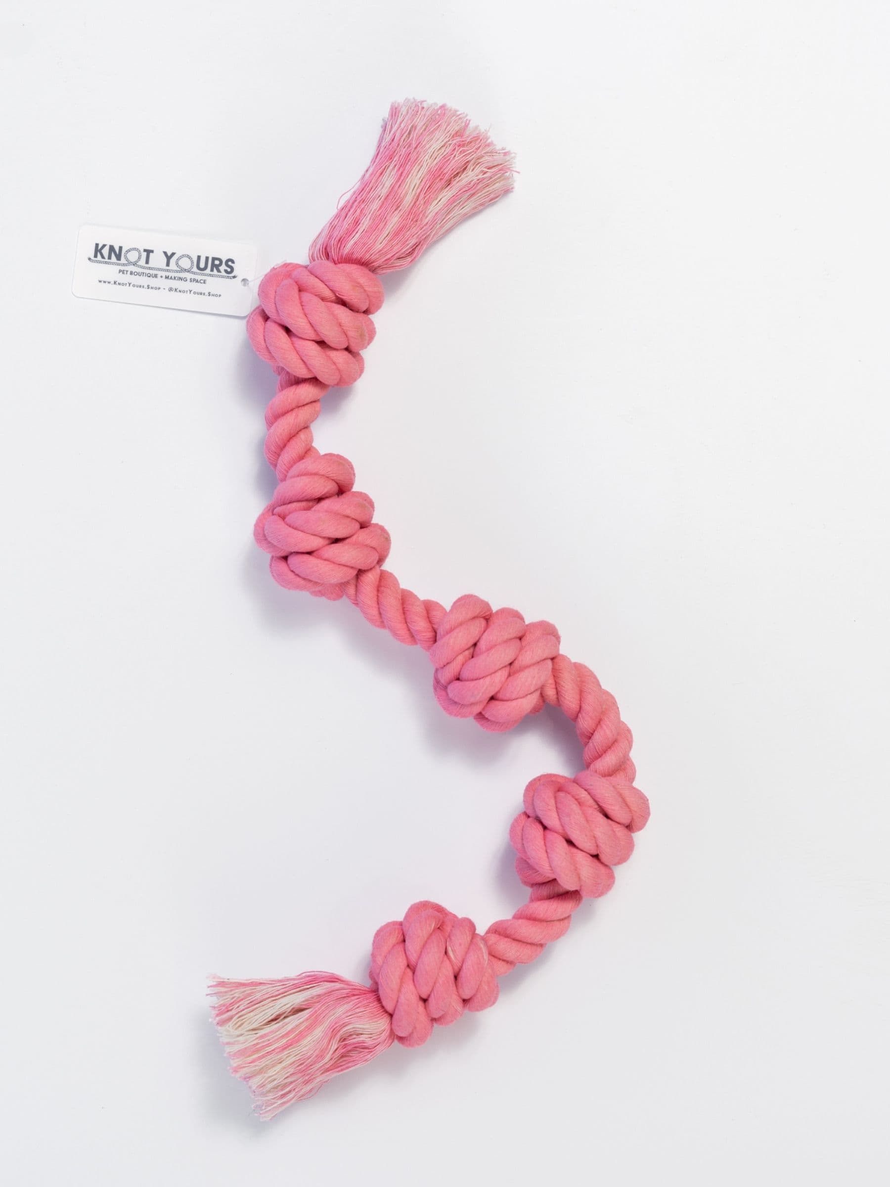 Pink Little Gigantic dog rope toy with  five knots, tassels and frayed ends