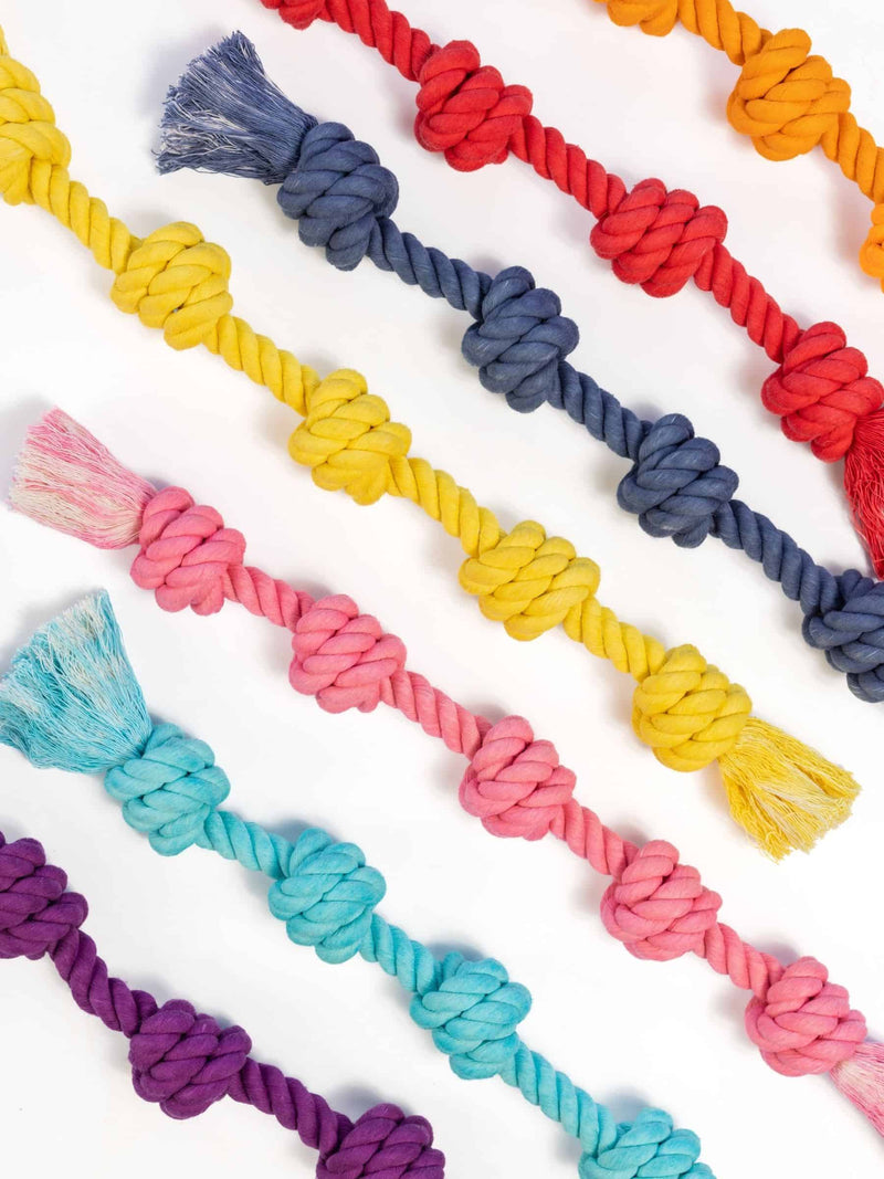 Flat lay of Little Gigantic dog rope toys arranged diagonally in colors including orange, red, navy, yellow, pink, aqua, and purple. This image showcases the full range of indestructible rope toys for small dogs.