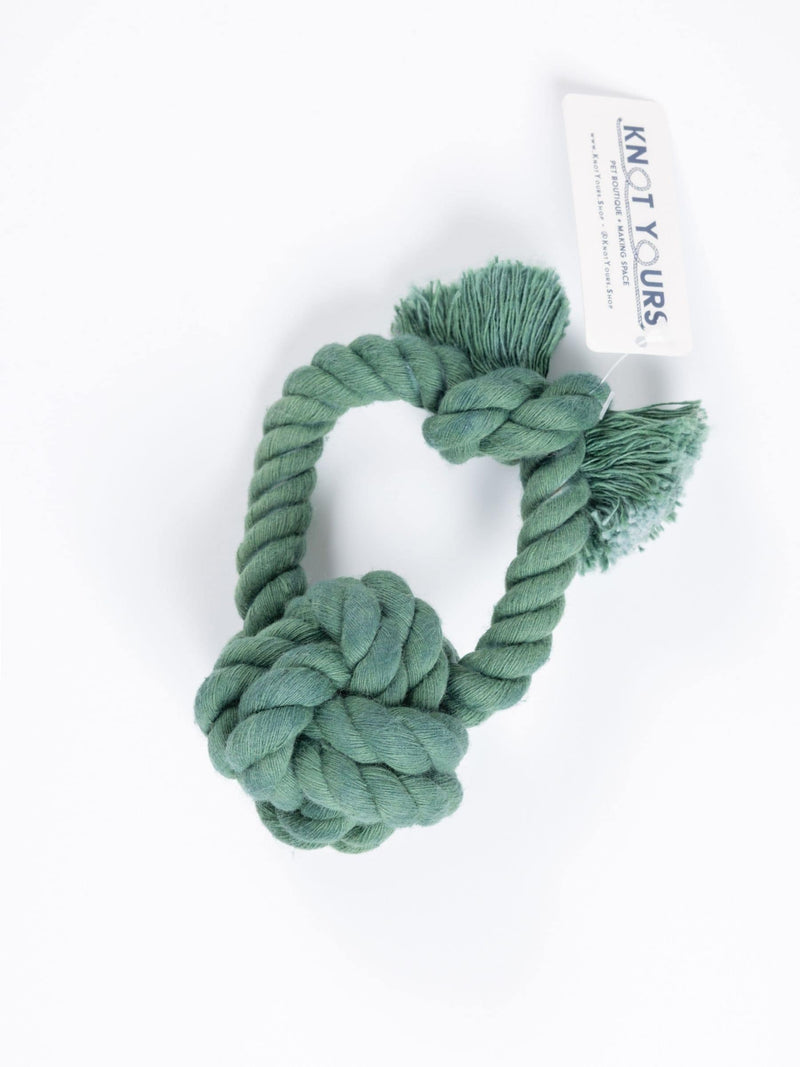 Green knotted rope dog toy with a monkey knot and loop handle.