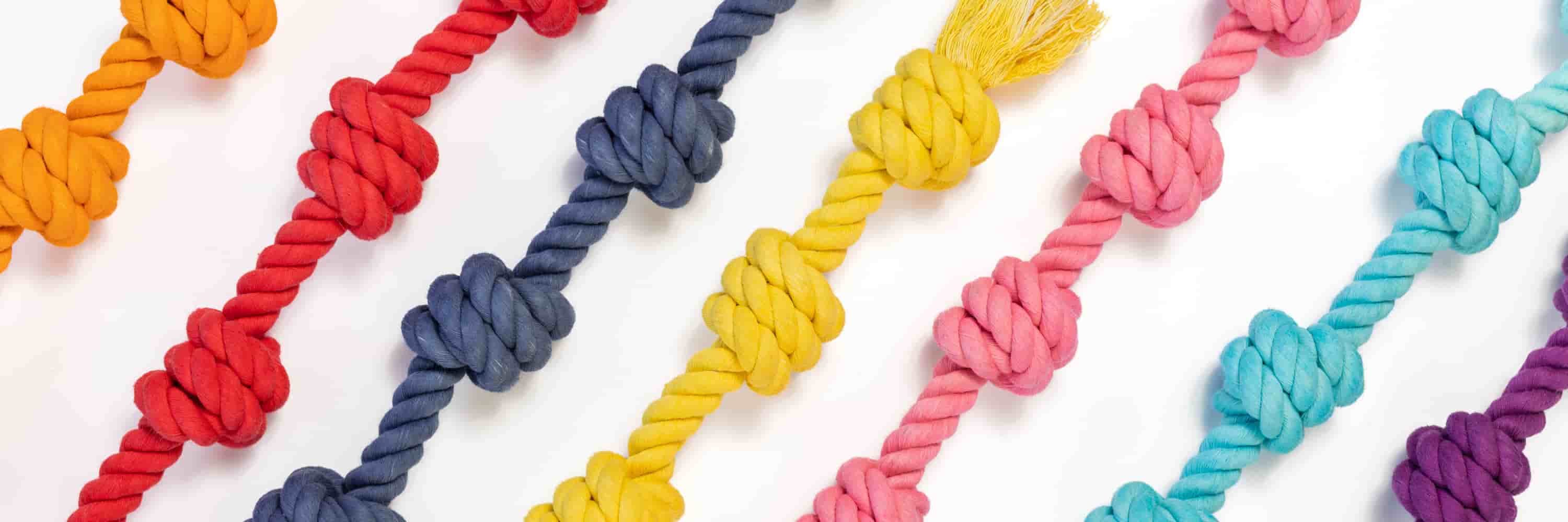 Colorful hand-dyed Little Gigantic rope dog toys from Knot Yours in red, navy, yellow, pink, teal, orange, and purple, arranged diagonally on a white background.
