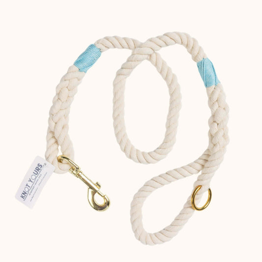 Handmade natural cotton dog leash with baby blue whipping and brass hardware.