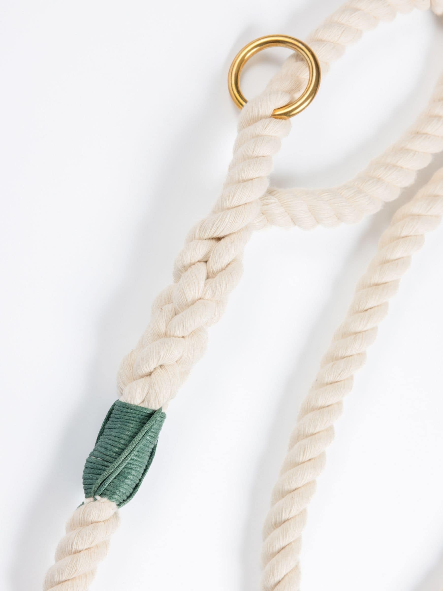 Close-up of a handmade natural cotton dog leash with dark green whipping and brass hardware.