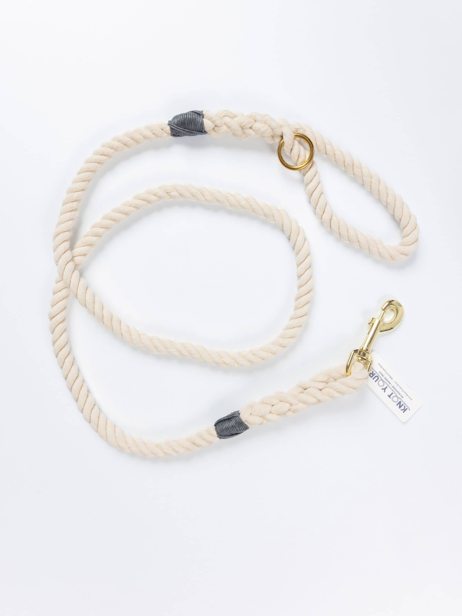 Handmade natural cotton dog leash with dark grey whipping detail.