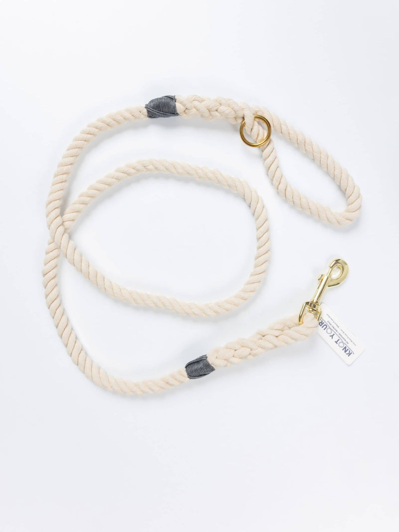 Handmade natural cotton dog leash with dark grey whipping detail.
