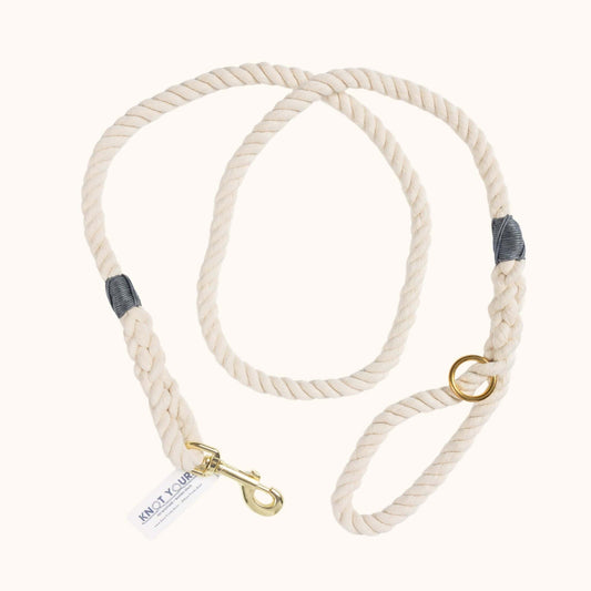 Handmade natural cotton dog leash with dark grey whipping detail.