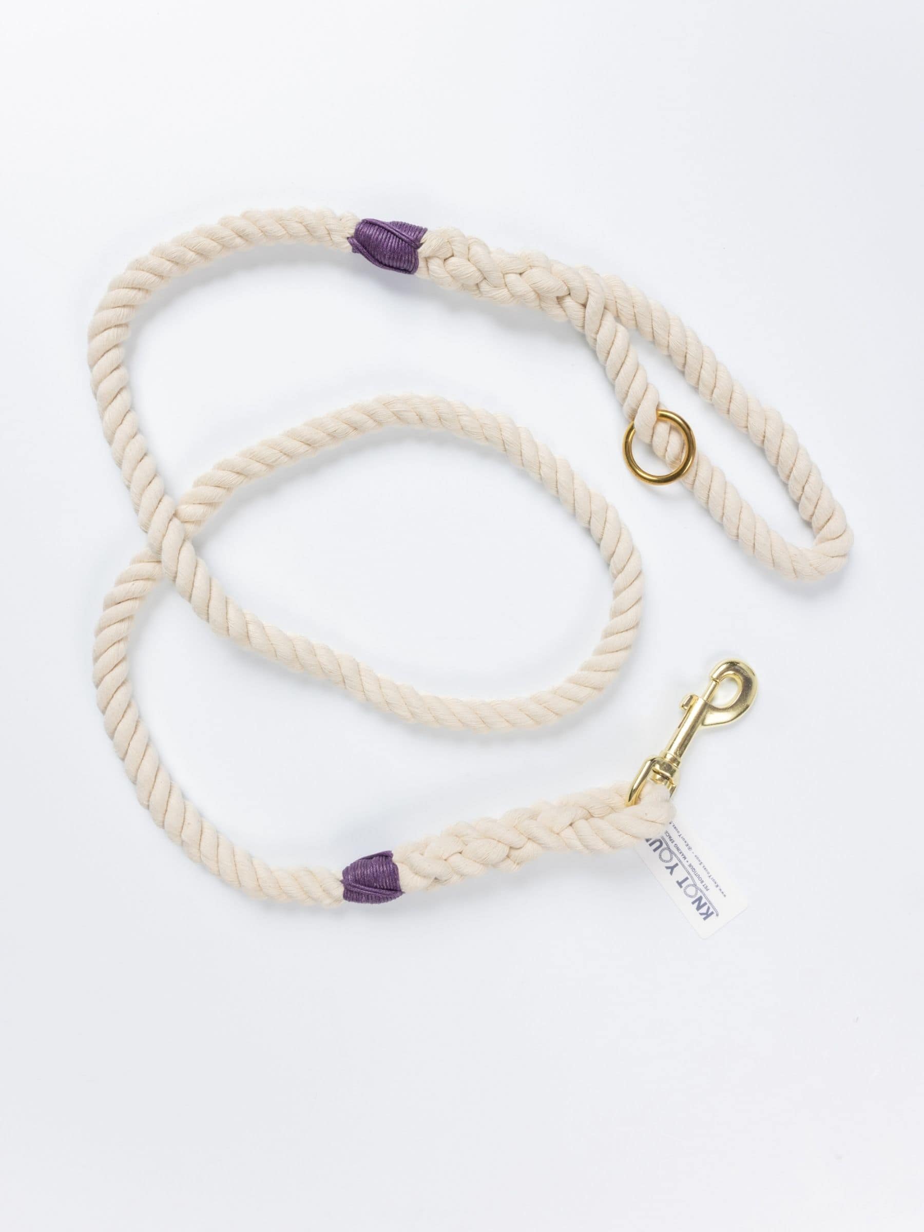 Handmade natural cotton dog lea with eggplant purple whipping.h