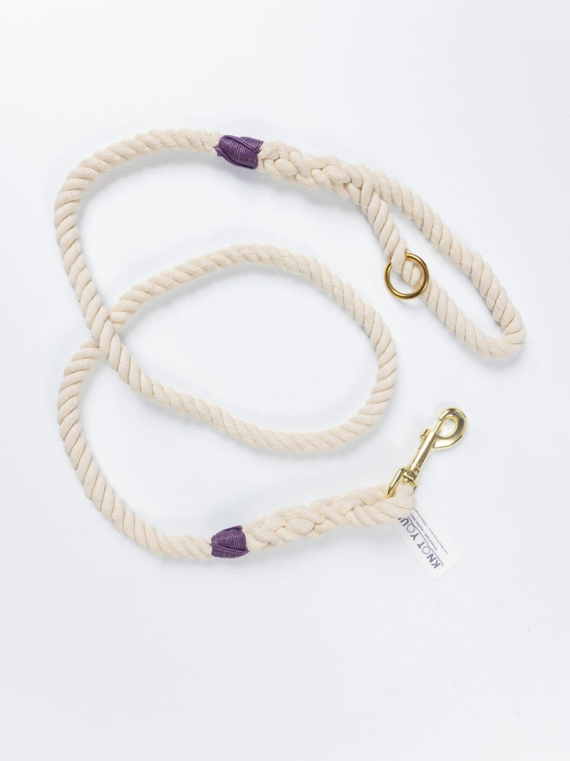 Handmade natural cotton dog lea with eggplant purple whipping.h