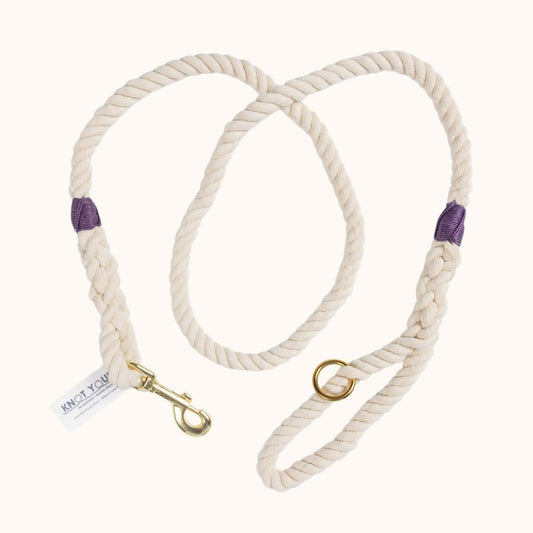Handmade natural cotton dog lea with eggplant purple whipping.h