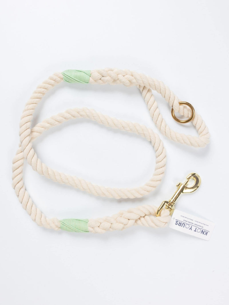 Custom natural rope dog leash with mint green whipping detail and brass clasp.