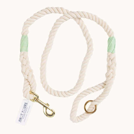 Custom natural rope dog leash with mint green whipping detail and brass clasp.