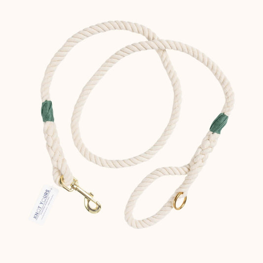 Custom rope dog leash with dark green whipping detail and brass clasp.
