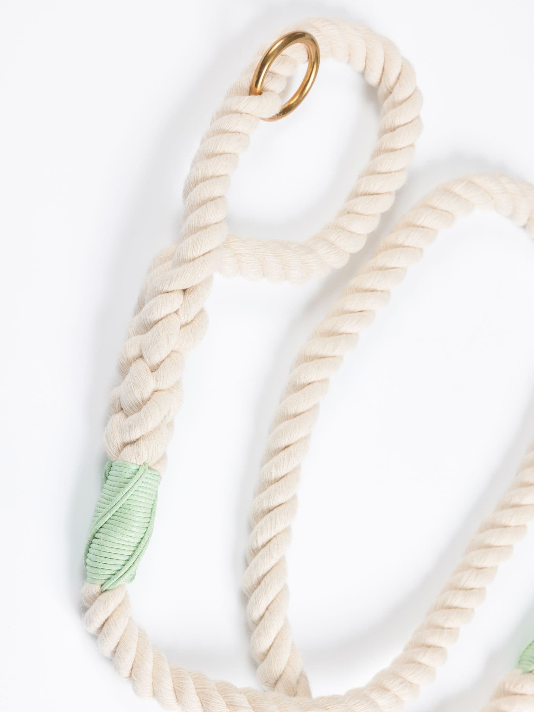 Handmade natural rope dog leash with mint green whipping and brass hardware