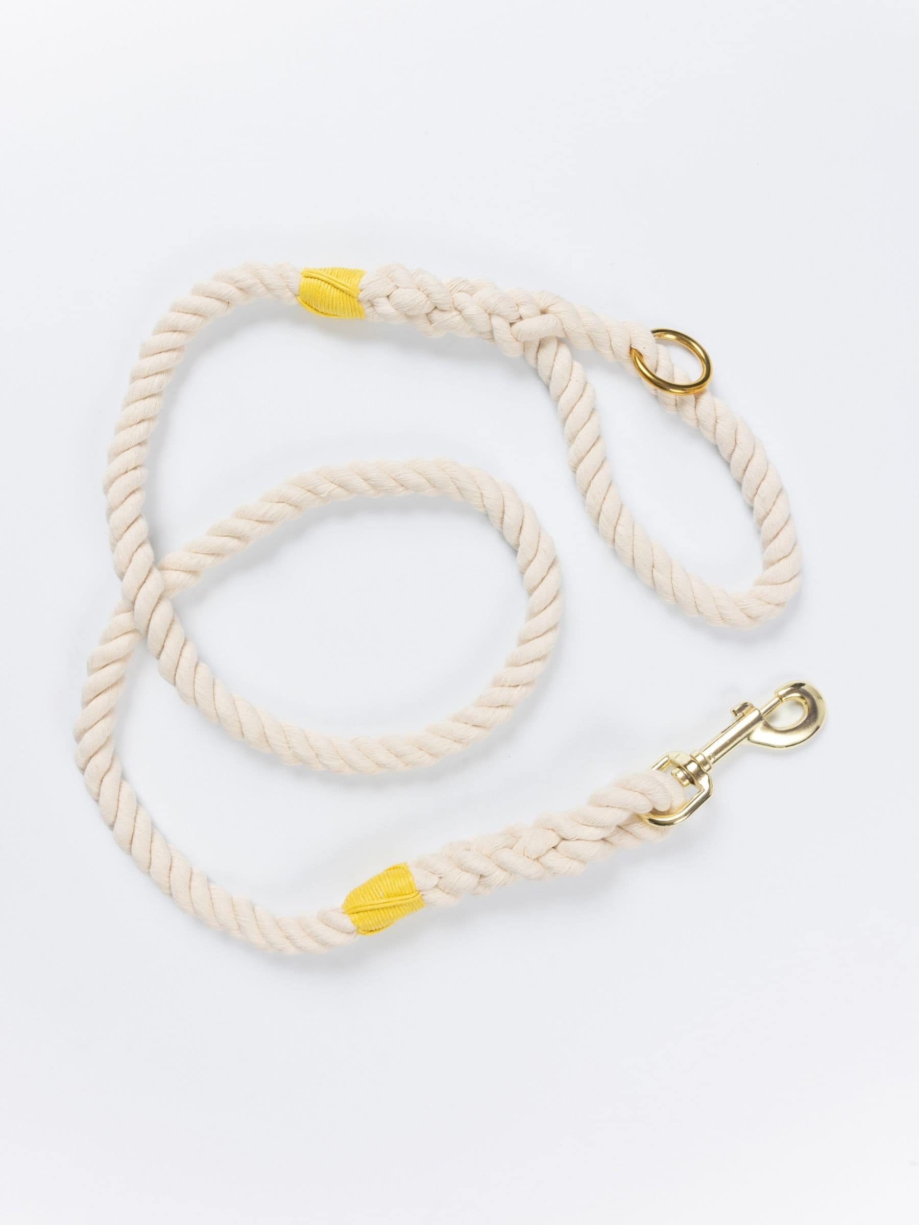 Natural cotton rope dog leash with yellow whipping and brass hardware