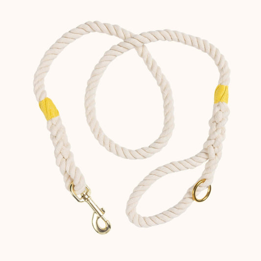 Natural cotton rope dog leash with yellow whipping and brass hardware