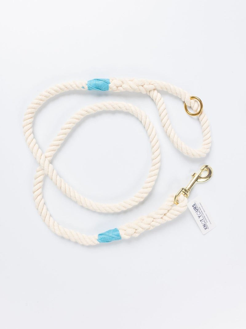 Natural cotton rope dog leash with aqua whipping and brass hardware