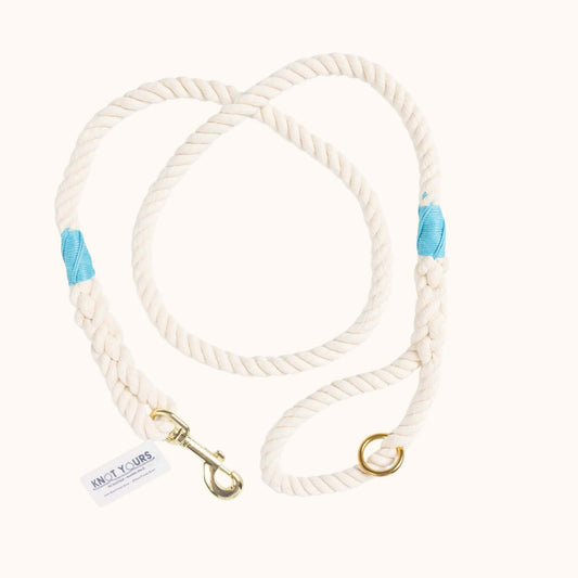 Natural cotton rope dog leash with aqua whipping and brass hardware
