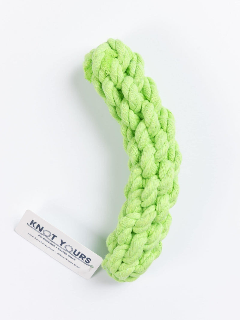 Bright green braided dog pickle rope toy with 'Knot Yours' tag on a white background