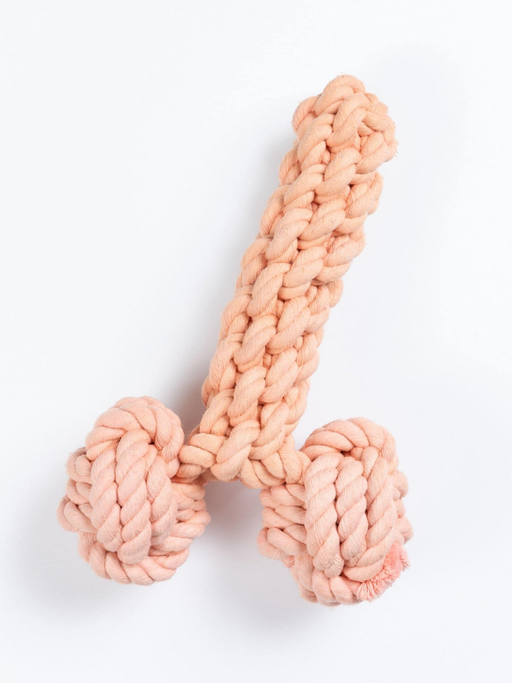 Pink knotted dog toy  in the shape of a penis on a white background