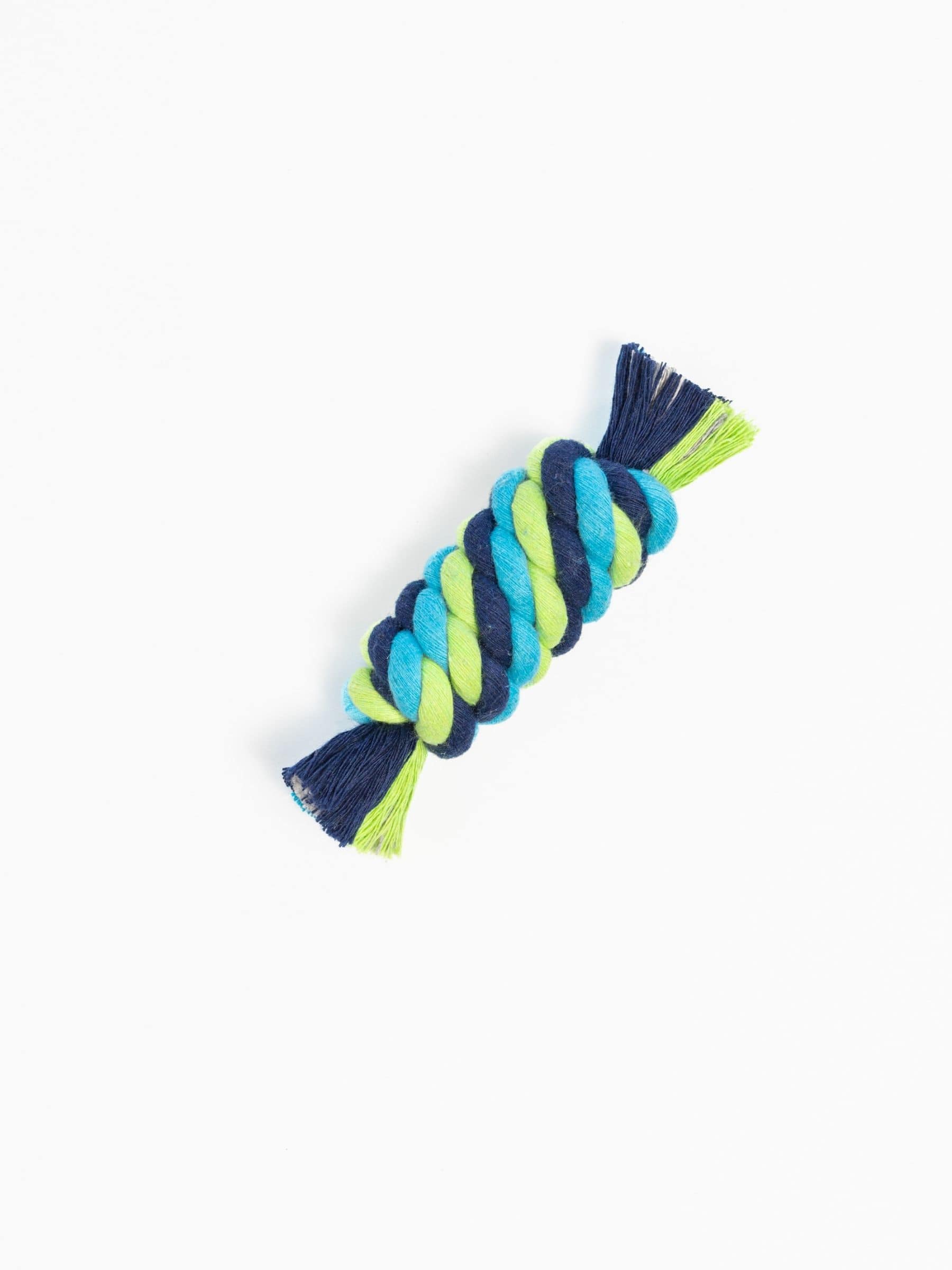 A compact tube knot rope toy with a single thick knot, perfect for toy breeds or teething puppies.
