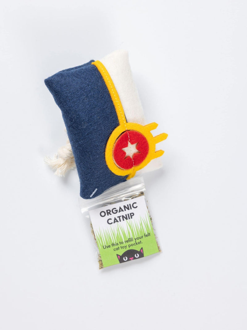 Catnip toy with a Tulsa flag design on a white background